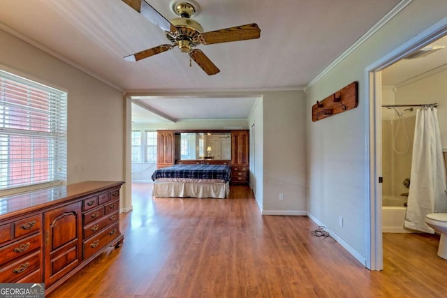 bedroom featuring light hardwood / wood-style floors, ornamental molding, ceiling fan, a closet, and a spacious closet