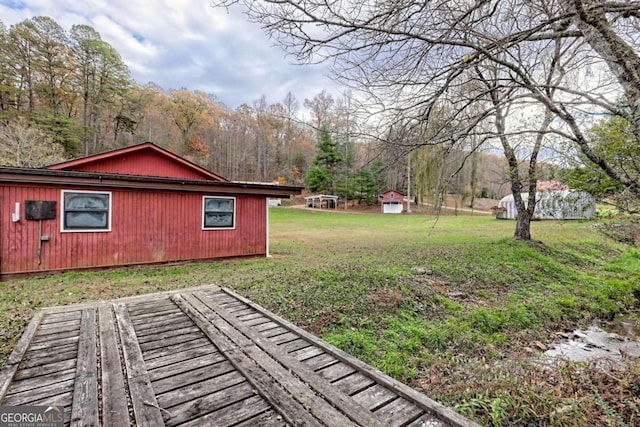 view of yard with a storage shed