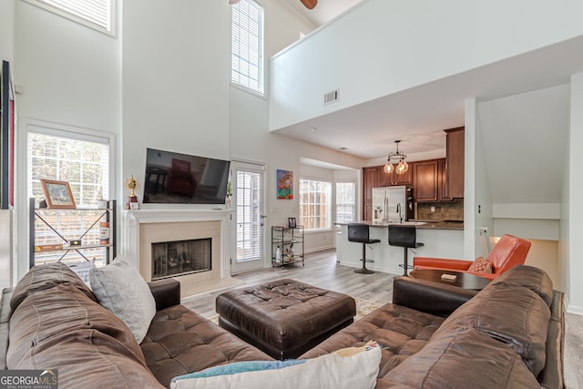 living room featuring a towering ceiling, light hardwood / wood-style flooring, and a healthy amount of sunlight