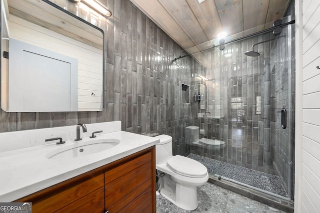 bathroom featuring a shower stall, vanity, and toilet