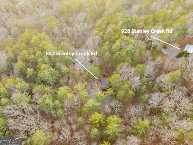 birds eye view of property featuring a forest view