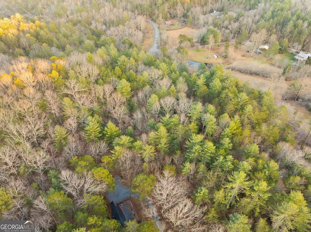 bird's eye view featuring a wooded view