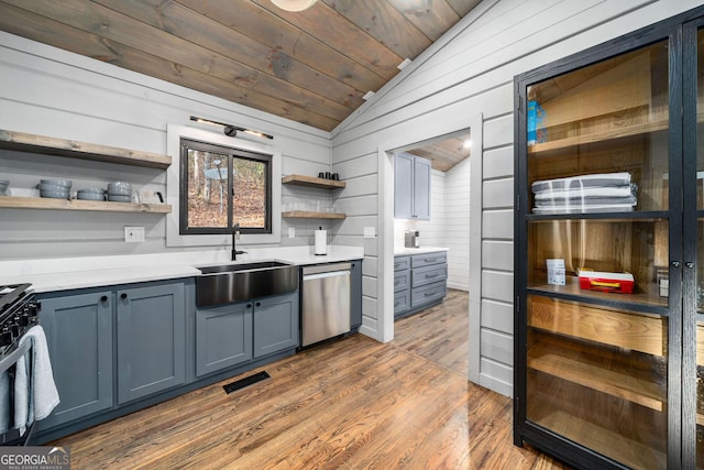 kitchen with wooden ceiling, a sink, visible vents, stainless steel dishwasher, and open shelves