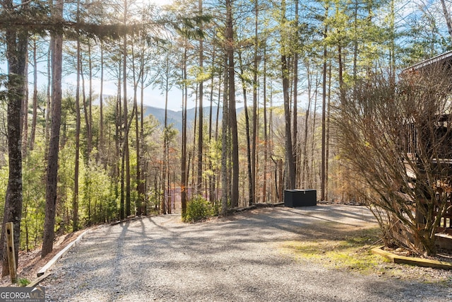 view of road with a wooded view