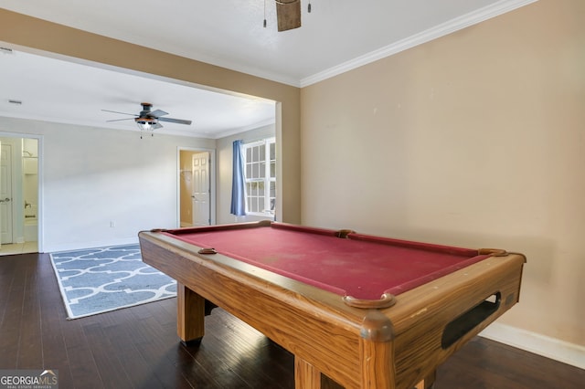 recreation room with dark hardwood / wood-style flooring, billiards, ceiling fan, and crown molding