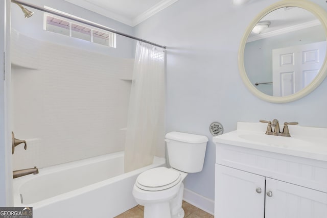 full bathroom featuring tile patterned floors, toilet, vanity, crown molding, and shower / tub combo