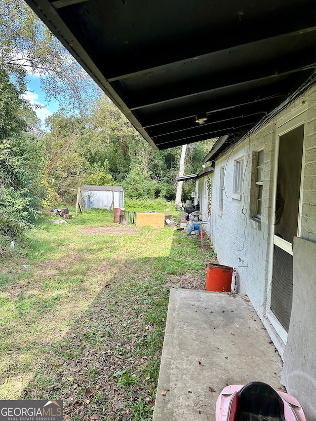 view of yard with a shed