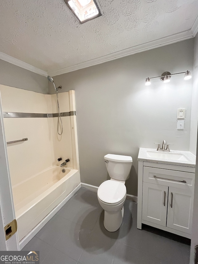 full bathroom featuring vanity, a textured ceiling, crown molding, and bathtub / shower combination