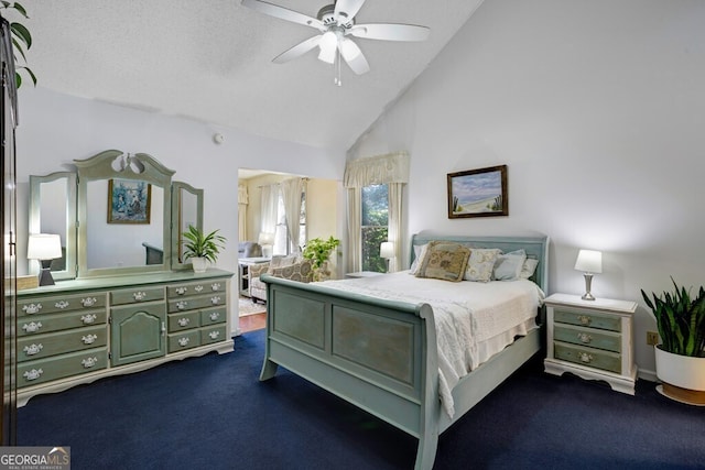 carpeted bedroom featuring high vaulted ceiling, a textured ceiling, and ceiling fan