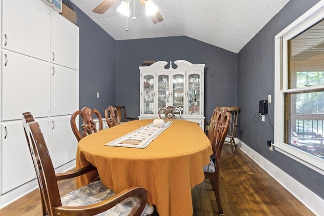 dining area featuring vaulted ceiling, ceiling fan, a textured ceiling, and dark hardwood / wood-style floors