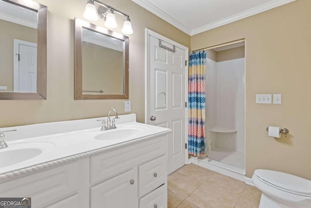 bathroom featuring walk in shower, tile patterned flooring, toilet, and crown molding