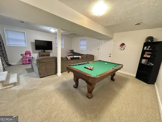 playroom featuring carpet, a textured ceiling, and billiards