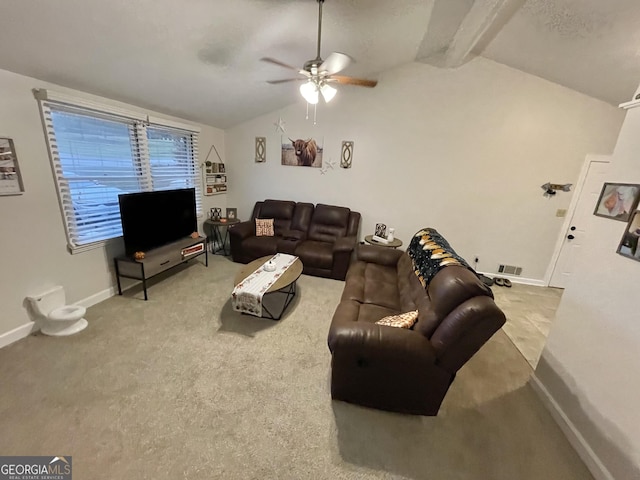 living room with lofted ceiling with beams and ceiling fan