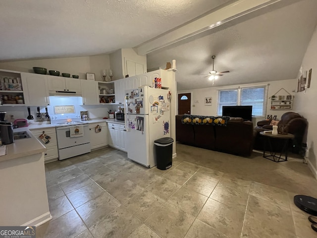 kitchen featuring white refrigerator, ceiling fan, vaulted ceiling with beams, white cabinetry, and range