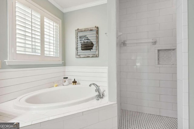 bathroom featuring shower with separate bathtub and ornamental molding