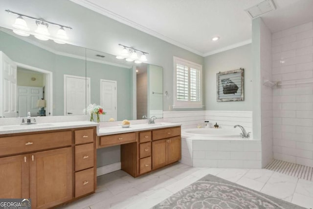 bathroom with independent shower and bath, vanity, and ornamental molding