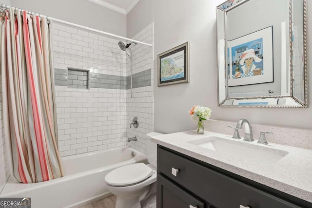 full bathroom featuring shower / bath combo with shower curtain, vanity, toilet, and ornamental molding