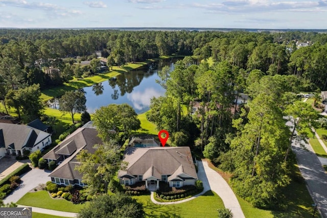 birds eye view of property featuring a water view