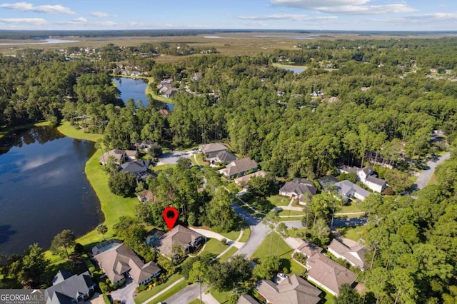 drone / aerial view featuring a water view