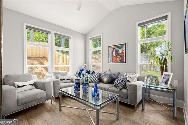 sitting room with hardwood / wood-style flooring, lofted ceiling, and a healthy amount of sunlight