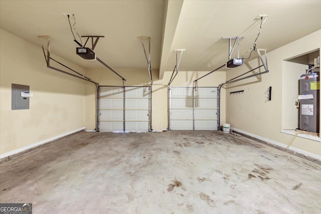 garage featuring electric water heater, electric panel, and a garage door opener