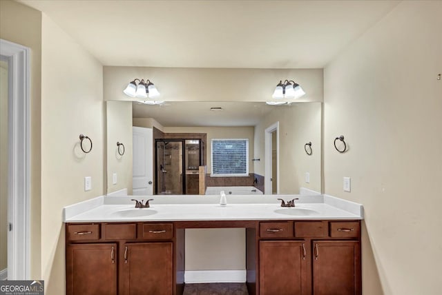 bathroom with vanity and plus walk in shower