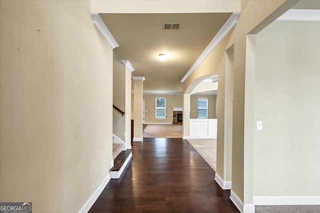 hallway with crown molding and dark hardwood / wood-style flooring