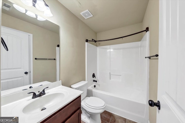 full bathroom featuring toilet, vanity, shower / bath combination, and tile patterned flooring