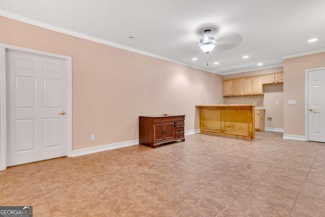 unfurnished living room featuring ceiling fan, light tile patterned floors, and ornamental molding