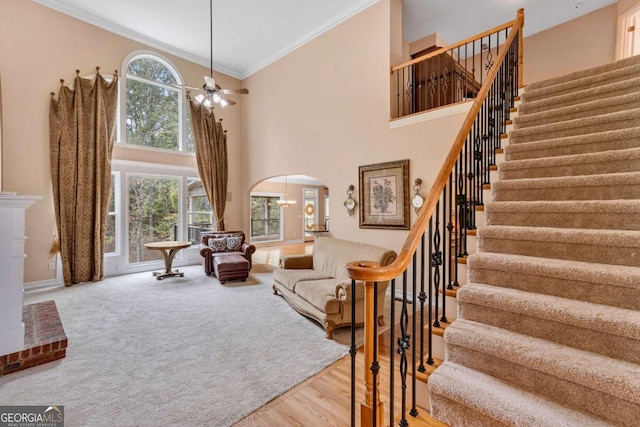 living room with ornamental molding, ceiling fan with notable chandelier, plenty of natural light, and wood-type flooring