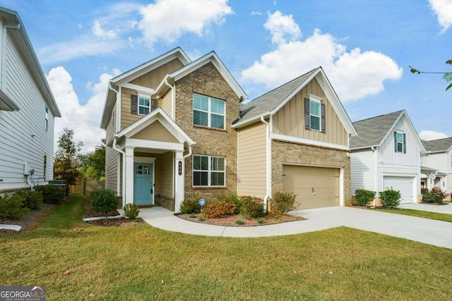 craftsman inspired home featuring a garage and a front yard