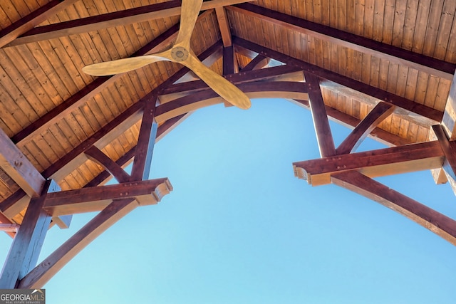 exterior details featuring wood ceiling and beam ceiling