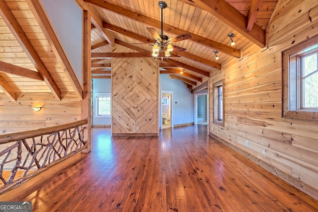 interior space featuring high vaulted ceiling, wood walls, dark wood-type flooring, beamed ceiling, and wooden ceiling