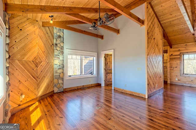 interior space with wood walls, hardwood / wood-style flooring, beamed ceiling, and high vaulted ceiling