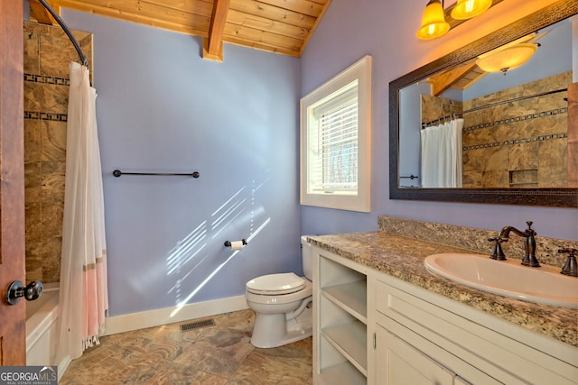 full bathroom with lofted ceiling, toilet, wooden ceiling, vanity, and shower / bathtub combination with curtain