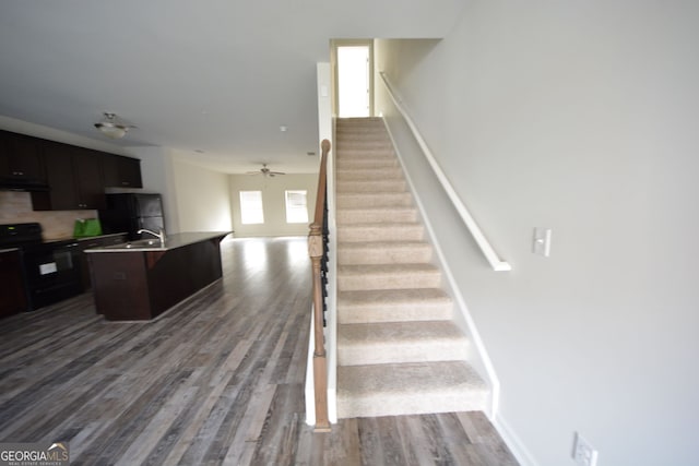 stairway with wood-type flooring, ceiling fan, and sink