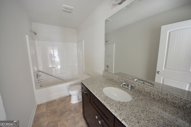 full bathroom featuring shower / washtub combination, toilet, and vanity