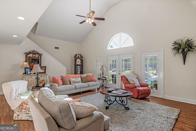 living room featuring high vaulted ceiling, a wealth of natural light, and dark hardwood / wood-style floors