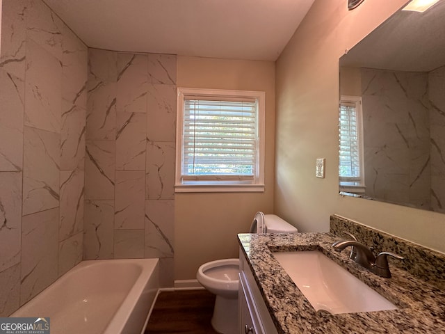 bathroom with wood-type flooring, vanity, and toilet