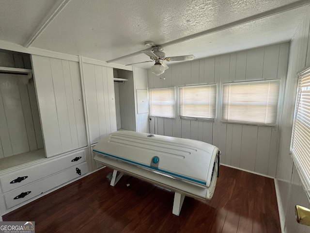 bedroom featuring dark wood-type flooring, multiple windows, a textured ceiling, and ceiling fan