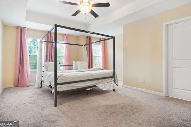 unfurnished bedroom featuring ceiling fan, multiple windows, a tray ceiling, and carpet