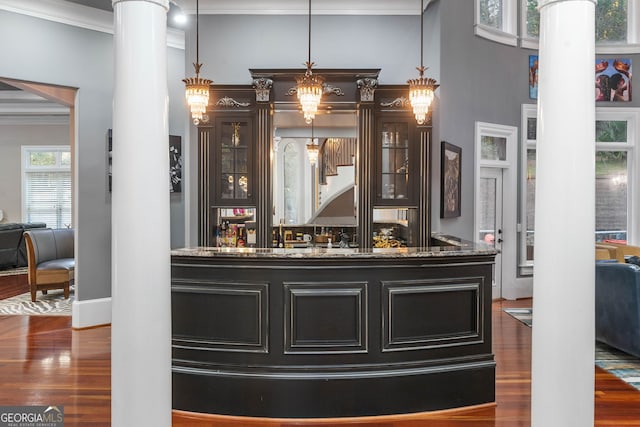 bar featuring dark hardwood / wood-style flooring, a wealth of natural light, and ornamental molding