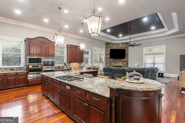 kitchen with dark hardwood / wood-style floors, plenty of natural light, and a large island with sink