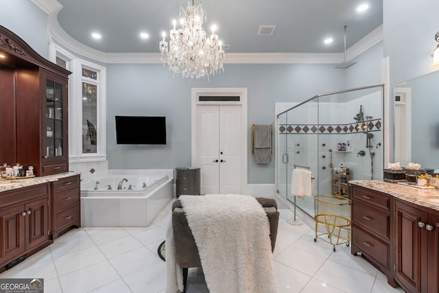 bathroom featuring tile patterned flooring, a notable chandelier, vanity, crown molding, and independent shower and bath