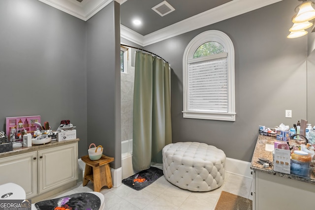 bathroom with tile patterned flooring, vanity, shower / tub combo, and ornamental molding