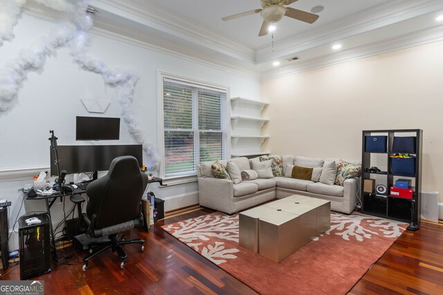 office featuring hardwood / wood-style flooring, ceiling fan, and crown molding