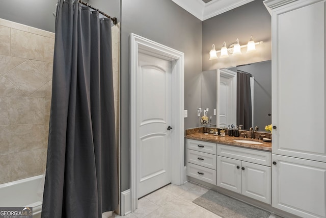 bathroom with shower / bath combo with shower curtain, tile patterned flooring, vanity, and ornamental molding