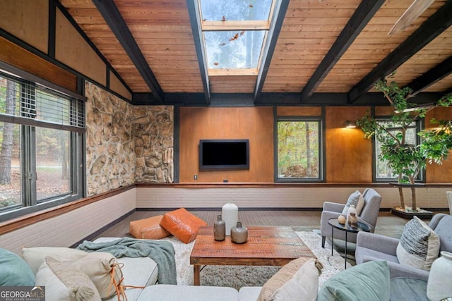 living room with lofted ceiling with beams, wooden walls, and wood ceiling