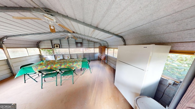 garage with white fridge