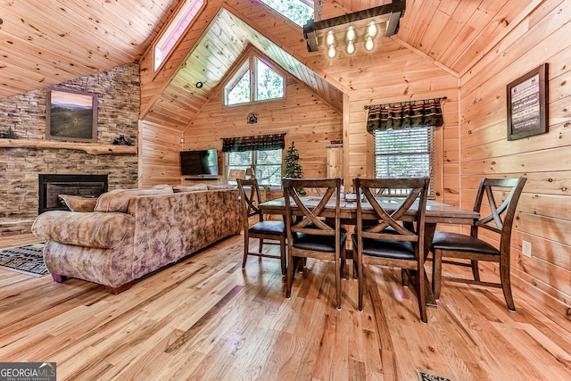 dining room featuring a wealth of natural light, wood walls, a skylight, and wood ceiling